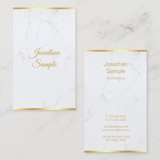 White Marble Gold Modern Hand Script Chic-Sjabloon Visitekaartje (Voorkant / Achterkant)