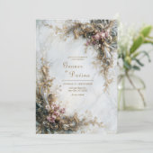 White Marble Gold Pink Floral Rococo Wedding Kaart (Staand voorkant)