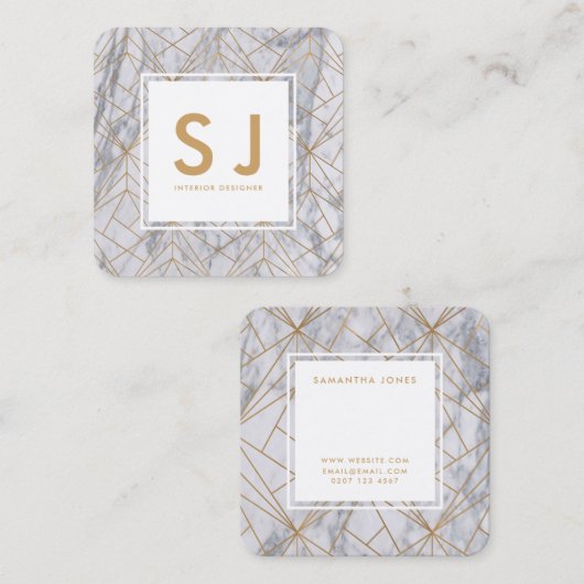 White Marble Gold Simple Moderne Interior Designer Vierkante Visitekaartje (Voorkant / Achterkant)