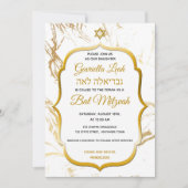 White marble Gold Star Jewish Bat Mitzvah Kaart (Voorkant)