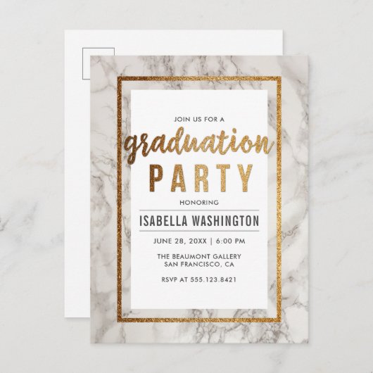 White Marble & Gold Typography Graduparty Uitnodiging Briefkaart (Voorkant / Achterkant)
