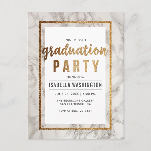 White Marble & Gold Typography Graduparty Uitnodiging Briefkaart (Voorkant)