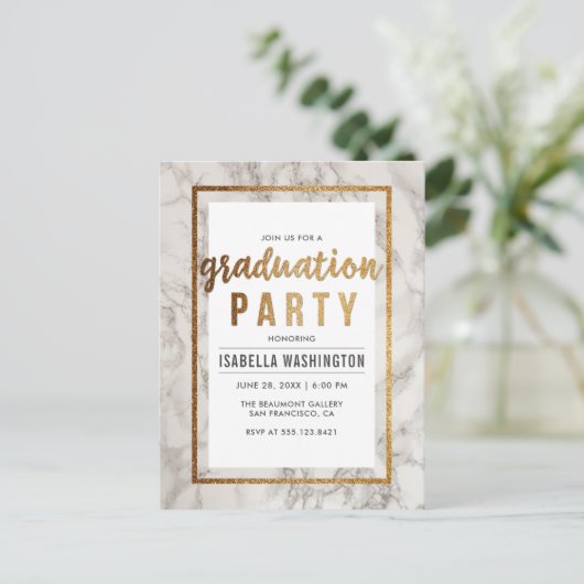 White Marble & Gold Typography Graduparty Uitnodiging Briefkaart (Staand voorkant)