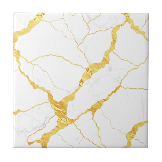 White Marble Gold Veins Pattern Tegeltje (Voorkant)