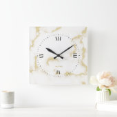 White marble Gold Veins Vierkante Klok (Huis)