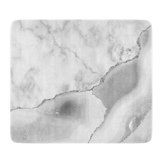 White marble Gray Agate Silver Glitter Snijplank (Voorkant)