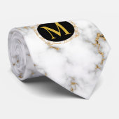 White marble Gray & Gold Veining Monogram Weddensc Stropdas (Opgerold)