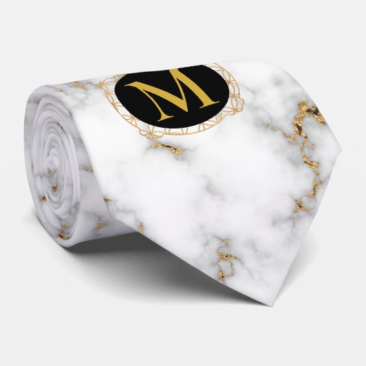 White marble Gray & Gold Veining Monogram Weddensc Stropdas (Opgerold)