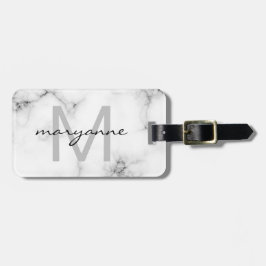 White Marble Grey Black Script Monogrammed Initiaa Bagagelabel