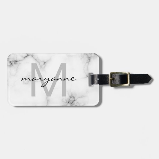 White Marble Grey Black Script Monogrammed Initiaa Bagagelabel (Voorkant horizontaal)