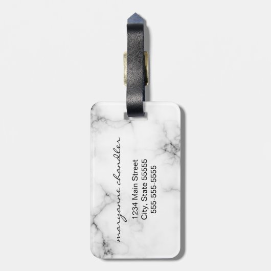 White Marble Grey Black Script Monogrammed Initiaa Bagagelabel (Achterkant verticaal)