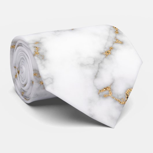 White Marble Grey & Gold Veining Wedding Stropdas (Opgerold)