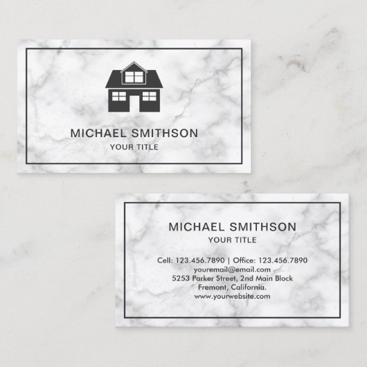 White marble Home Icon Real Estate Agent Visitekaartje (Voorkant / Achterkant)