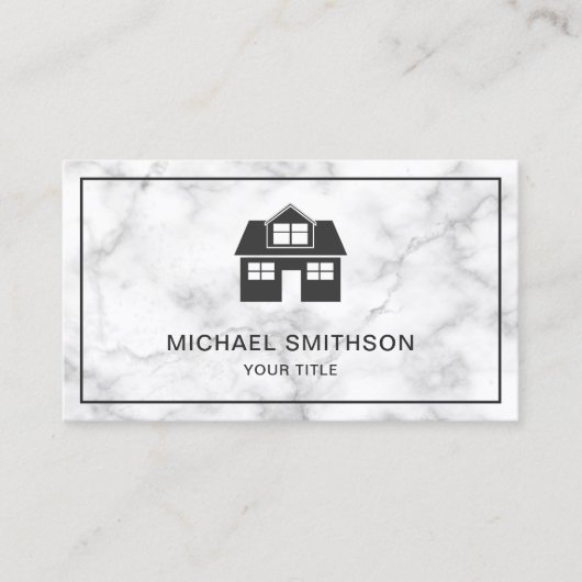 White marble Home Icon Real Estate Agent Visitekaartje (Voorkant)