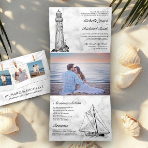 White Marble Lighthouse Sailboat Nautical Wedding  Drieluik Uitnodiging