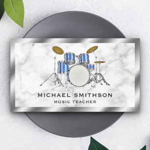 White marble Metallic Blue Drum Kit Drummer Visitekaartje