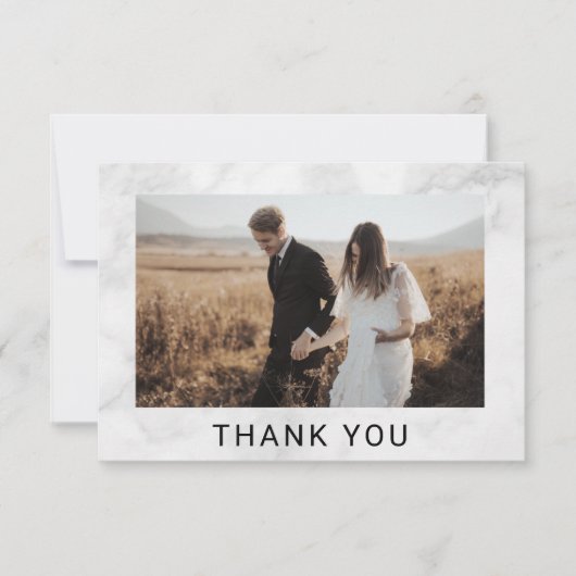 White Marble Minimalist Photo Wedding Bedankkaart (Voorkant)
