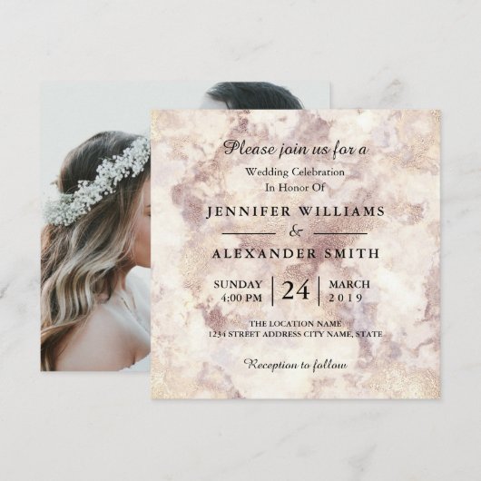 White Marble Minimalist Photo Wedding Invitation Kaart (Voorkant / Achterkant)