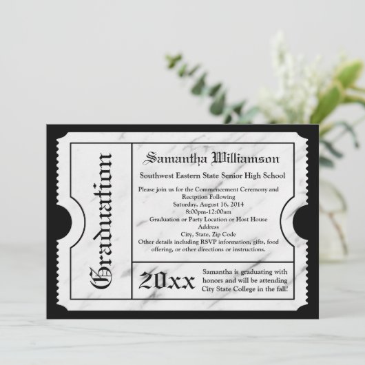 White Marble Modern Afstuderen Ticket Kaart (Staand voorkant)