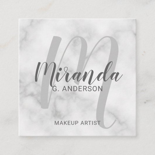 White Marble Modern Script Monogram en naam Vierkante Visitekaartje (Voorkant)