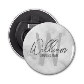 White Marble Modern Script Personalized Groomsmen Button Flesopener (Voorkant)