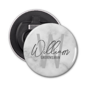 White Marble Modern Script Personalized Groomsmen Button Flesopener