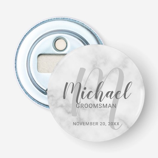 White Marble Modern Script Personalized Groomsmen Button Flesopener (Voorkant)