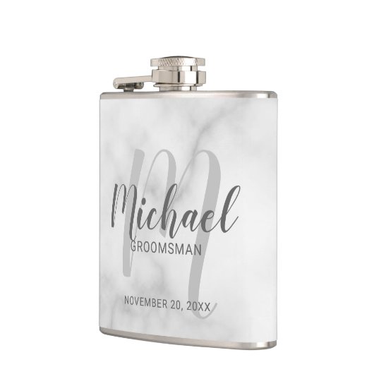 White Marble Modern Script Personalized Groomsmen Heupfles (Links)
