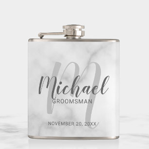 White Marble Modern Script Personalized Groomsmen Heupfles