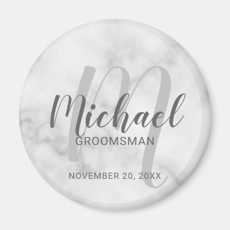 White Marble Modern Script Personalized Groomsmen Magneet