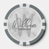 White Marble Modern Script Personalized Groomsmen Poker Chips (Voorkant)