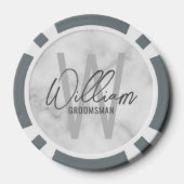 White Marble Modern Script Personalized Groomsmen Poker Chips (Achterkant)