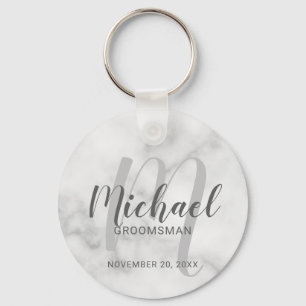 White Marble Modern Script Personalized Groomsmen Sleutelhanger