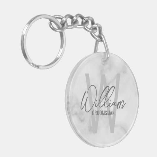 White Marble Modern Script Personalized Groomsmen Sleutelhanger (Voorkant Links)