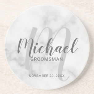 White Marble Modern Script Personalized Groomsmen Zandsteen Onderzetter