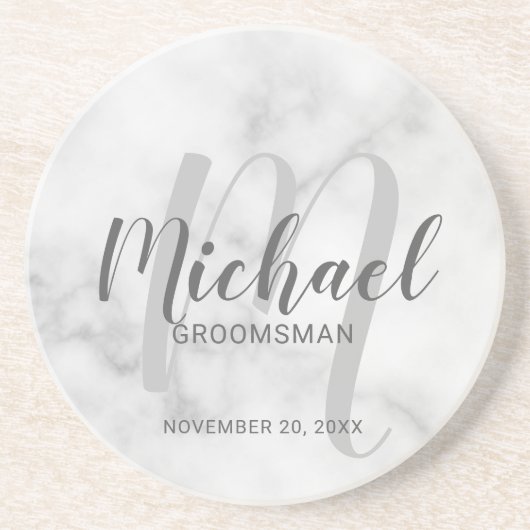 White Marble Modern Script Personalized Groomsmen Zandsteen Onderzetter (Voorkant)
