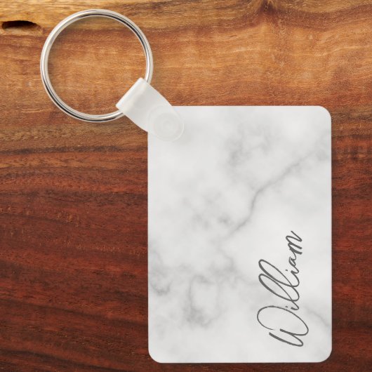 White Marble Modern Script Personalized Name Keych Sleutelhanger (Voorkant)