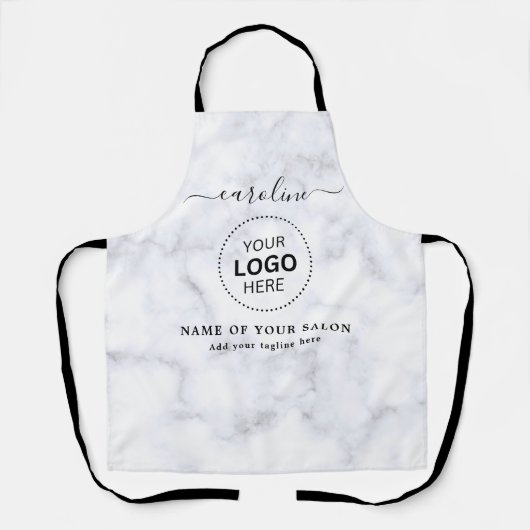 White Marble Naam en Logo haar salon schort (Voorkant)