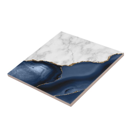 White marble Navy Blue Agate Gold Glitter Tegeltje (Zijkant)