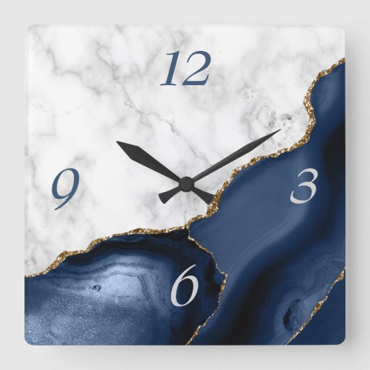 White marble Navy Blue Agate Gold Glitter Vierkante Klok (Voorkant)