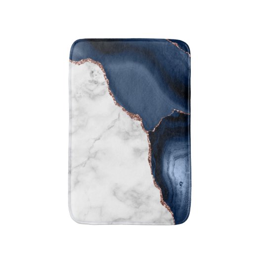 White marble Navy Blue Agate Roos Gold Glitter Badmat (Voorkant Verticaal)
