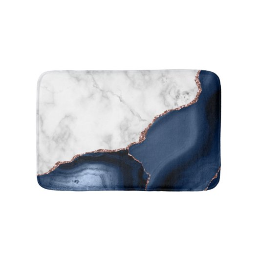 White marble Navy Blue Agate Roos Gold Glitter Badmat (Voorkant)