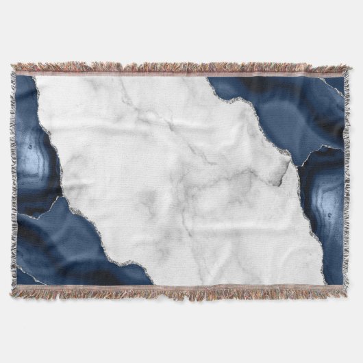 White marble Navy Blue Agate Silver Deken (Voorkant)