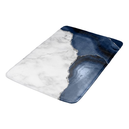 White marble Navy Blue Agate Silver Glitter Badmat (Gekanteld)