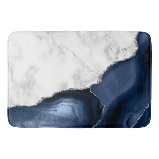 White marble Navy Blue Agate Silver Glitter Badmat (Voorkant)