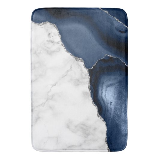 White marble Navy Blue Agate Silver Glitter Badmat (Voorkant Verticaal)