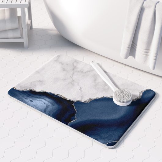 White marble Navy Blue Agate Silver Glitter Badmat