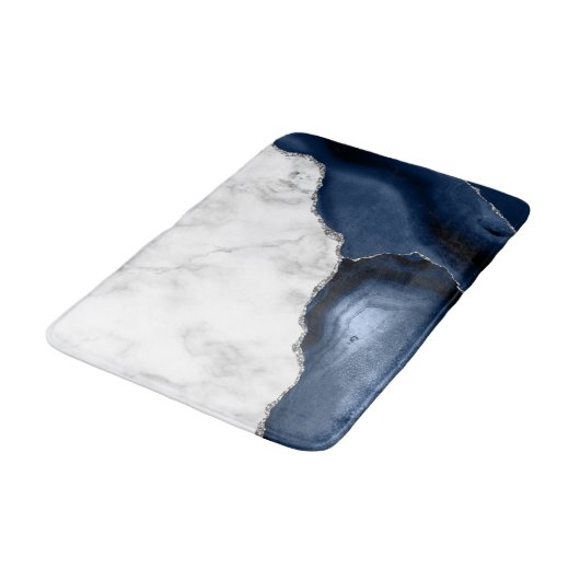 White marble Navy Blue Agate Silver Glitter Badmat (Gekanteld)