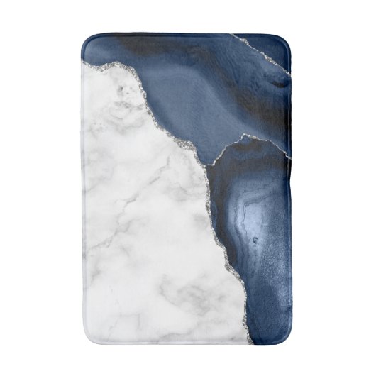White marble Navy Blue Agate Silver Glitter Badmat (Voorkant Verticaal)