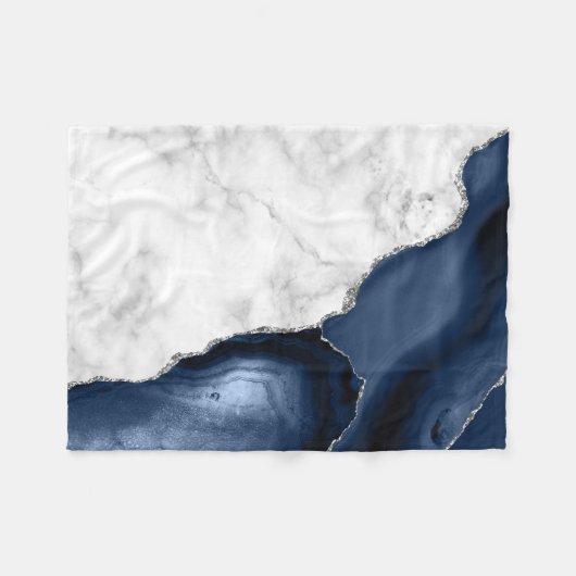 White marble Navy Blue Agate Silver Glitter Fleece Deken (Voorkant (Horizontaal))